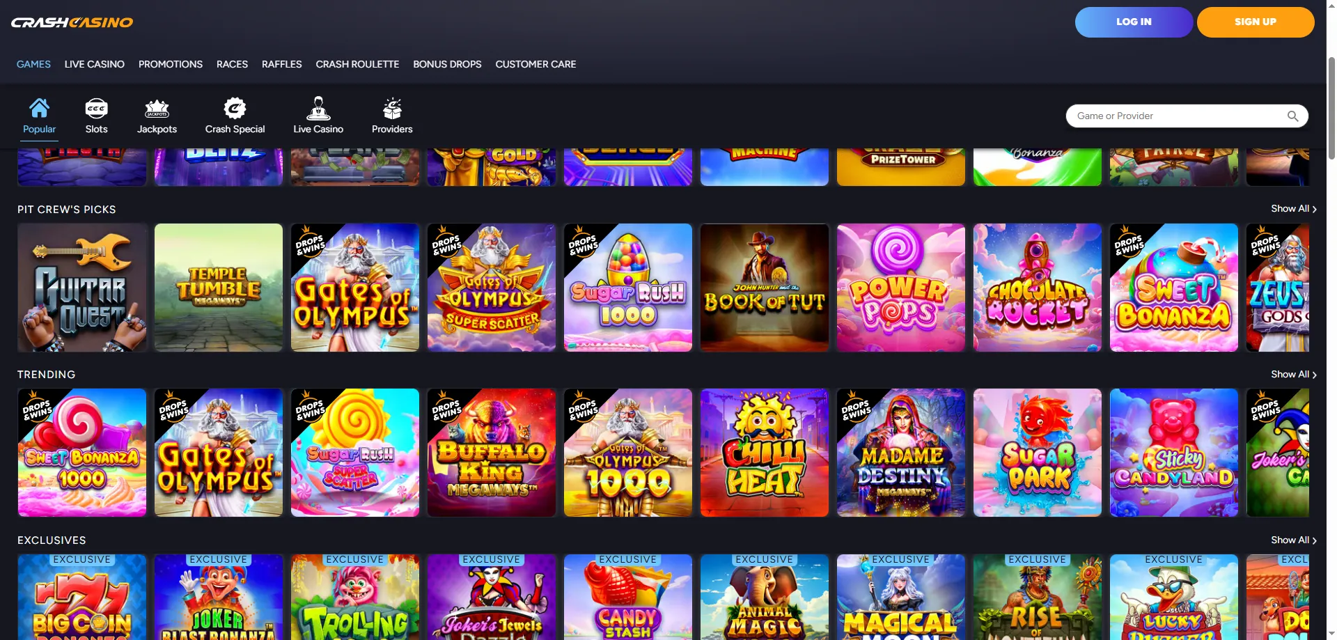 Catálogo de tragaperras y juegos en Crash Casino México